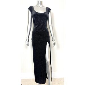 Mystic Dress Black Glitter Velvet Evening Gown Slit Low Back USA Vintage